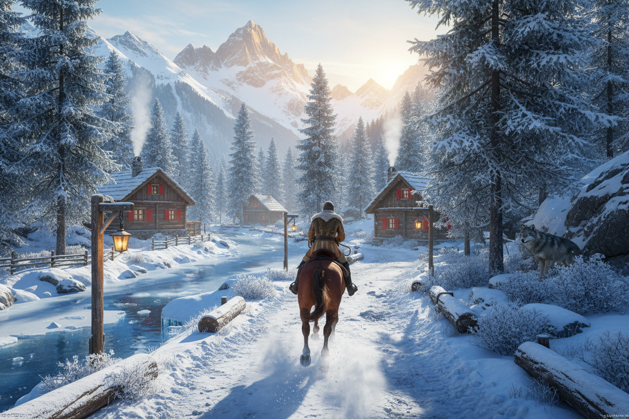 A rider on a brown horse gallops down a snowy trail past red-shuttered chalets in the French Alps